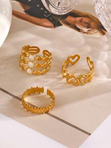 3pcs/Set Stainless Steel 18K Gold Plated Minimalist Geometric Heart Open Ring, Suitable For Women Everyday Wearing - Multicolor - View 4