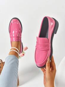 Women's British Style Patent Leather Slip-On Flats, Soft Sole, Fashion Versatile Street Style Loafers, Low Heel, Thick Sole, Campus Style