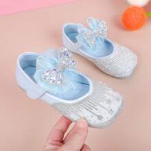 1双女童真皮鞋，镶有水钻、亮片、蝴蝶结，蓝色公主鞋，水晶鞋，2026新款儿童软底婴儿小皮鞋，大童女童鞋，适合春秋季穿着 - 藍色 - 查看 1