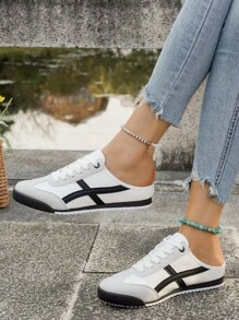 Zapatillas de moda para mujer, elegantes tenis de corte bajo con cordones, punta redonda, casual, con diseño de rayas, suela antideslizante de PVC, forro de malla, parte superior de PU, cómodos para todo el año
