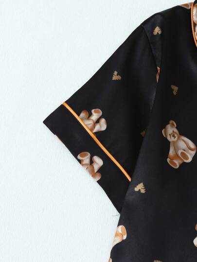 Bear Print Women Poplin Short Sleeve Shorts Pajama Set view 3