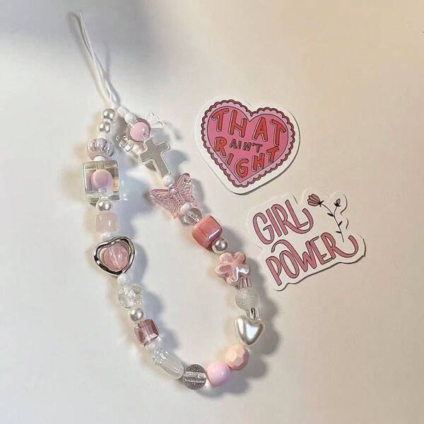 Sangle de poignet pour appareil photo avec perles en forme de cœur de fleurs de cerisier roses, Sangle DIY pour téléphone, Porte-téléphone délicat, Cadeau délicat pour mère, famille, amis, anniversaire, vacances