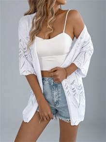 女士夏季新款镂空短袖针织开衫，度假沙滩轻薄外套 白色 - 白色 - 查看 3