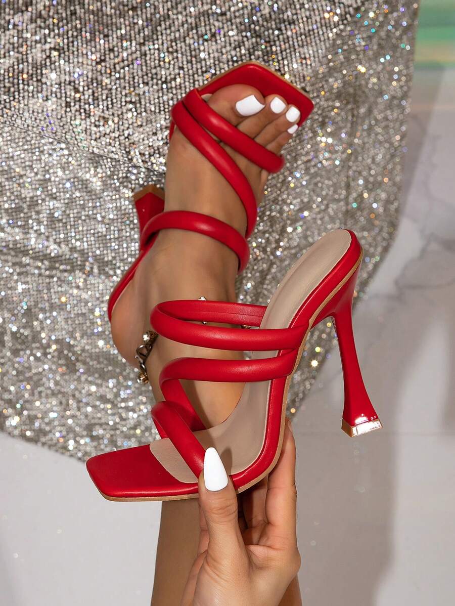 Women's Sandals With Multiple Straps, PU Material Square Toe High Heel Shoes, Summer New Narrow Heel Open Toe High Heel Comfortable Elegant High Heels Mules Suitable For Beach Party - Red - View 1