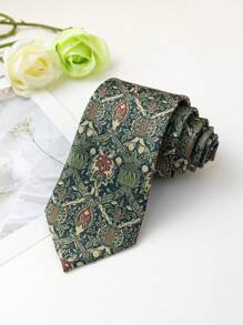 1 pieza Corbata de seda sintética con estampado floral vintage para hombre, accesorio elegante de vestir casual para uso diario
