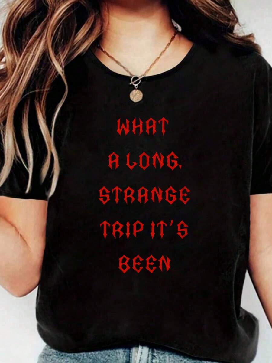 What A Long, Strange Trip It's Been - Gothic Punk Style Tees,Fashion Casual T-Shirt, Short Sleeve Crew Neck Shirt,Cotton Top For Women - Black - View 1