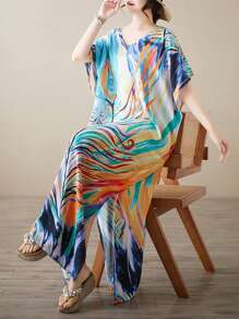 2026夏季新款波西米亚风度假沙滩连衣裙，女士优雅日常连衣裙，大码女士睡衣打底衫，V领碎花妈妈连衣裙 - 彩色 - 查看 6