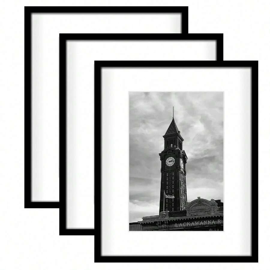 16x20 Picture Frame Set Of 3, Display Pictures 11x14 With Mat Or 16 X 20 Poster Frame Without Mat, Wall Gallery Photo Frames, Black - Black - View 1