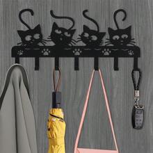 1 Stück Whimsycat schwarzer Eisen Wandhalter für Schlüssel mit 4 Katzen-Haken, Dekor im Art Déco-Stil mit Tiermotiv, ohne Strom, federlos, vielseitig einsetzbar für Wohnzimmer, Schlafzimmer, Büro