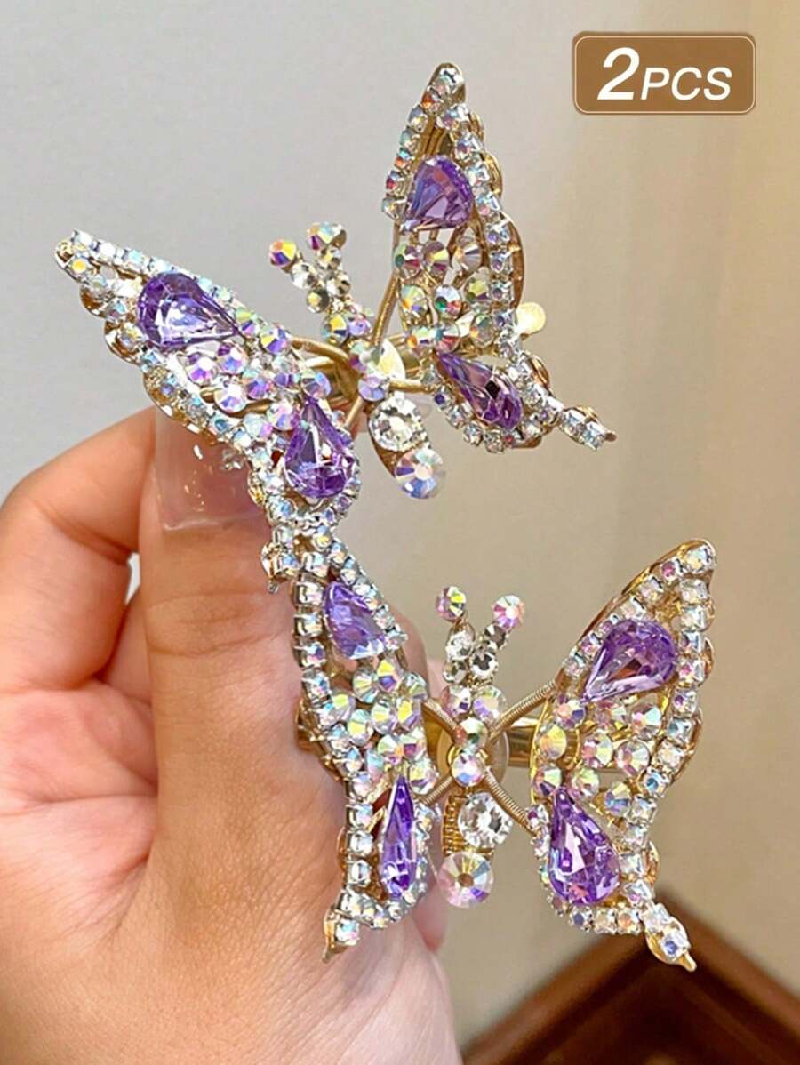 2 Pcs Young Girl Pink Fully Bling Rhinestone Animated Butterfly Hair Clips, Suitable As Birthday Gift For Girlfriend - Purple - View 1