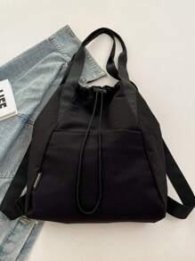 Casual Drawstring Backpack, Lightweight High Capacity Multi-Purpose Daypack, Simple Everyday Commute Tote Bag, School Backpack - Black - View 7