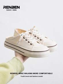RENBEN 1 双 HABB 女士帆布鞋，2025 年春季新款，一脚蹬款式，百搭时尚，厚底，适合休闲、休闲 - 米色 - 查看 7