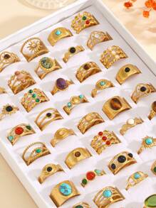3/6/9/12 PCS Aço inoxidável 18K banhado a ouro geométrico conjunto de anéis abertos, design moderno adequado para uso diário feminino (entrega aleatória)