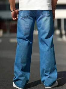 Pantalones vaqueros holgados y casuales de pierna ancha para hombre, pantalones versátiles para todo tipo de ocasiones - Azul lavado medio - Ver 5