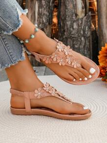 大码女士白色平底沙滩凉鞋，新款女士人字拖平底露趾休闲波西米亚风花卉水钻时尚大码拖鞋，春夏穿搭 - 杏色 - 查看 5