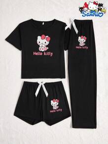 Sanrio 3 set pigiama da donna Hello Kitty Sanrio, composti da maglia a girocollo, pantaloncini e pantaloni lunghi, con stampa di cartoni animati e lettere, pigiama comodo