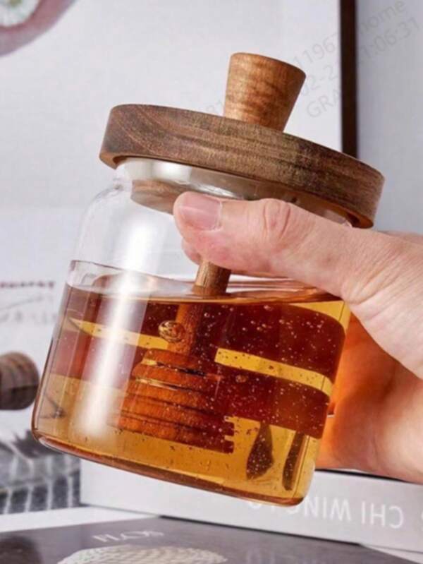 1 pieza Frasco de vidrio para miel, recipiente para miel con cuchara y tapa de madera, frasco de miel con émbolo de madera para almacenamiento de miel, jarabe y miel de panal en la cocina del hogar