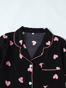 Women's Heart Print Bubble Crinkle Short Sleeve Shorts Pajama Set