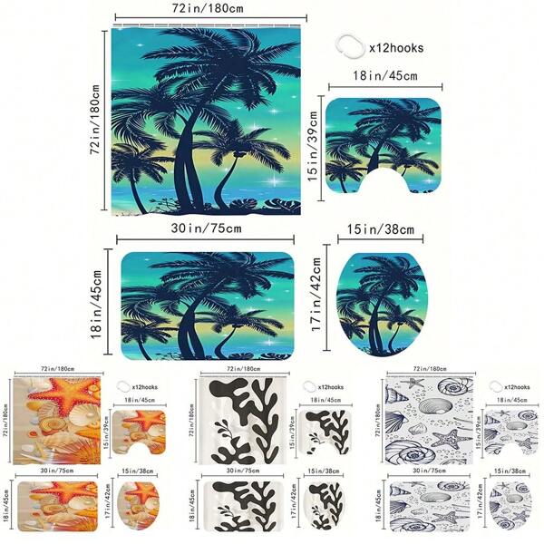 1 pieza, Set de 4 piezas de alfombras antideslizantes para baño con estilo oceánico, que incluye elementos de hierba acuática, medusa, estrella de mar, conchas, árboles de coco, amor, rostro sonriente, de material de felpa, super absorbente, diseño antideslizante, cómodo para los pies, fácil de limpiar, 10 colores opcionales, adecuado para baño, inodoro