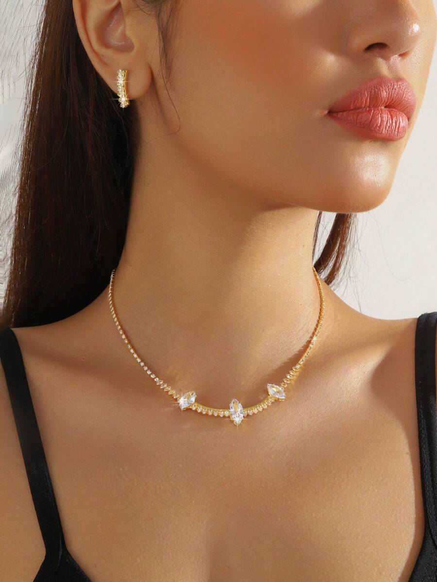 3 件奢华珠宝套装，镶嵌闪亮水晶和方晶锆石，18K 镀金，适合晚会、派对、婚礼和日常佩戴 - 金黃色 - 查看 1