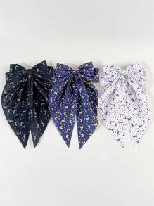 3pcs Women Star & Moon Print Simple Creative Personalized Hair Clips With Ribbons, Big Bowknot Barrette For Back Of Head, Suitable For