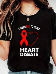 I Wear Red To Fight Heart Disease Awareness CHD Ri, Short Sleeve Crew Neck Shirt,Cotton Top For Women - 黑色 - 查看 1