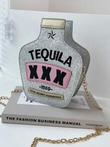 Ví hình chai laser Y2k, Túi mới lạ đính sequin, Túi đeo chéo xích Tequila sáng bóng dễ thương - Hoàn hảo cho lễ hội hóa trang Mardi Gras - Bạc - Xem 1