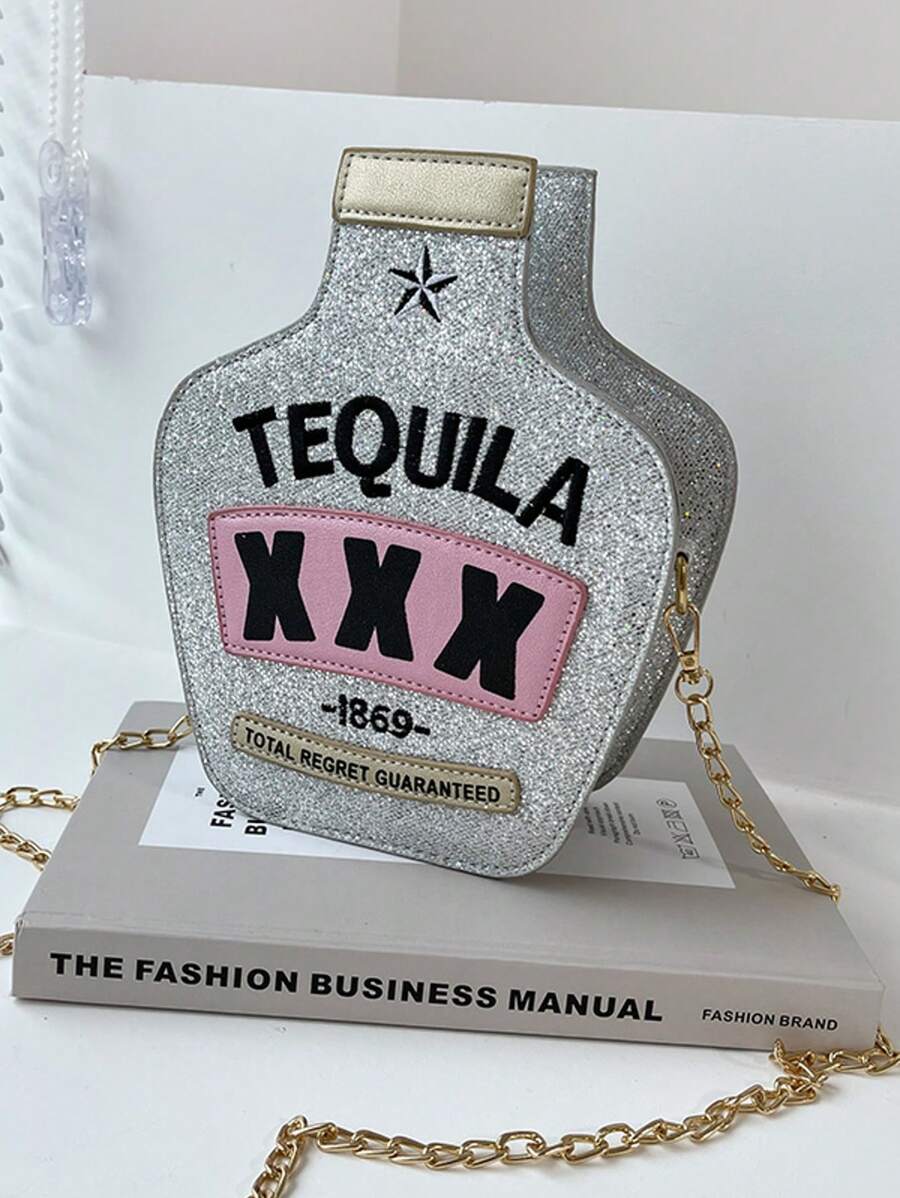Ví hình chai laser Y2k, Túi mới lạ đính sequin, Túi đeo chéo xích Tequila sáng bóng dễ thương - Hoàn hảo cho lễ hội hóa trang Mardi Gras - Bạc - Xem 1
