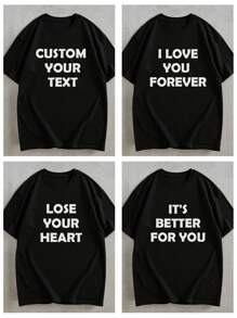 Personalized Custom Text Men's T-Shirt, Input Your Text/Blessing/Interesting Quote/Message, Black Top, Customized Shirt, Holiday Gift, Valentine's Day/Birthday/Anniversary Custom Text, Team Building Uniform, Music Festival, Gift For Him, Party, Spring & Summer Men's Black Crew Neck Short Sleeve T-Shirt, Gift For Him, Valentine's Day Gift - Black - View 2