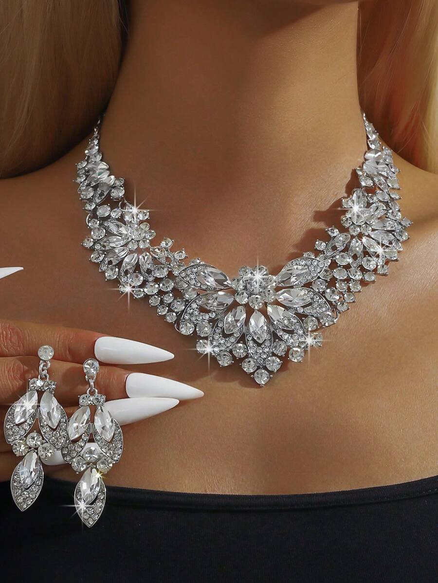 Set de 3 piezas de joyería con flores totalmente adornadas con rhinestones, accesorios elegantes - Multicolor - Ver 1