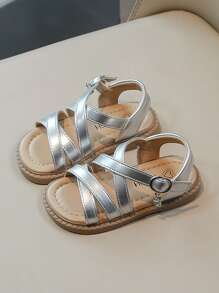 1 双条纹设计露趾柔软舒适海滩度假凉鞋，适合小女孩，简约时尚公主平底鞋