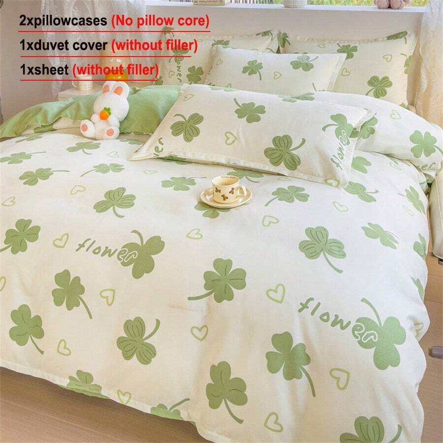 4pcs Heart & Bear Print Bedding Set (1 Duvet Cover + 2 Pillow Covers + 1 Flat Sheet, Without Pillow And Quilt), Soft & Breathable, Machine Washable, Suitable For Bedroom Decor, All Season