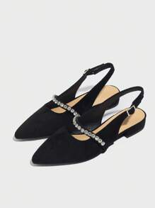 Women's Black Thick Heel Rhinestone Decor Pointed Toe Mule Sandal, French Low Heel Backless Strap Roman Sandal For Casual, Business, Outdoor Activities