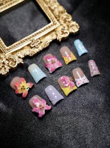 10pcs Duck Nails Handemade Press On Nails For Party And Daily Wear, 3D Rhinwstones, Flowers Handmade Flower Shaping For Girls, Easy To Wear10pcs Y2K, Short Nails And Medium Nials Shiny Atirficial Gems, Suitable For Girls And Women Festivals Parties And Daily Wear