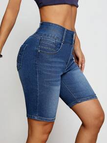 Calça Capri Denim Casual Feminina de Cintura Elástica com Bolsos, Adequada para Uso Diário
