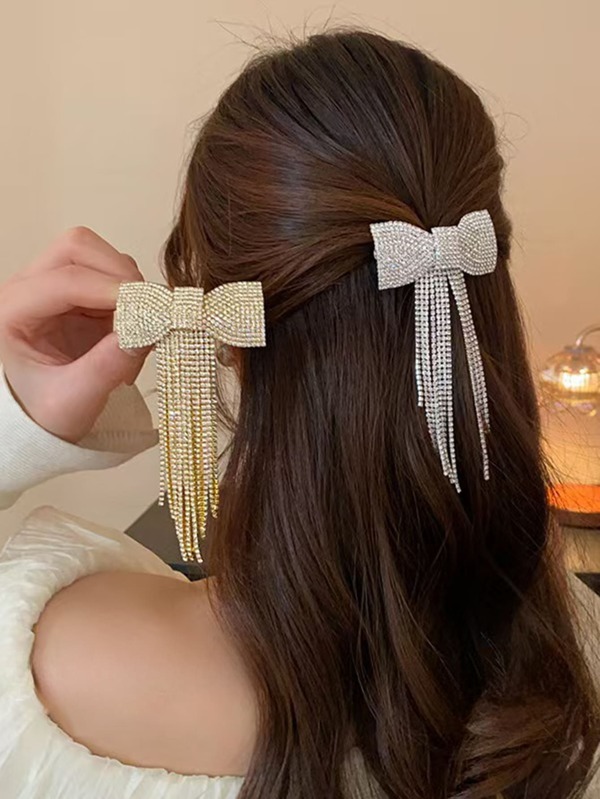 1pc Pearl & Rhinestone Decor Bowknot Tassel Hairclip, Fashion Hair Accessory