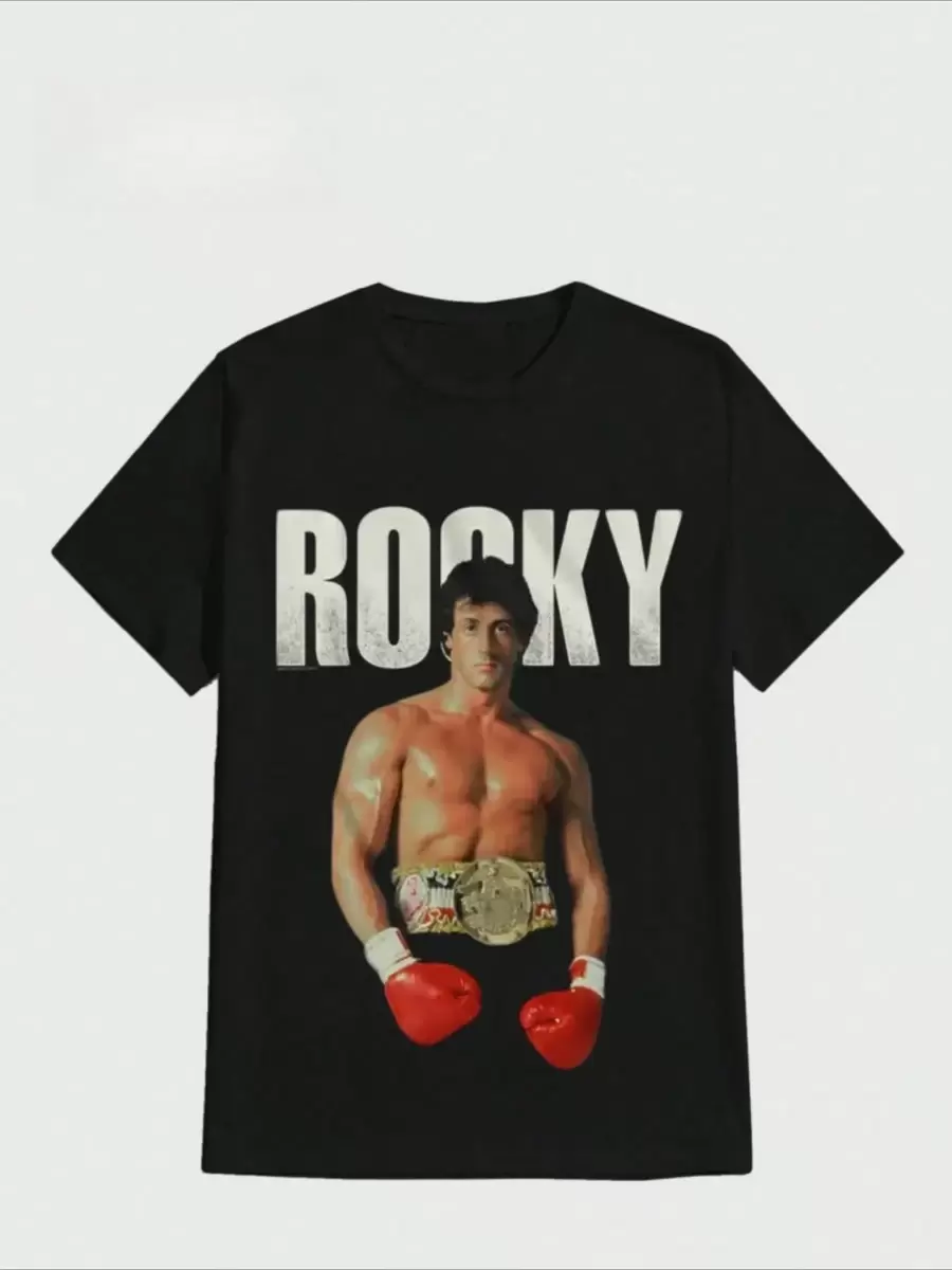 Camisa de hombre de algodón pesado puro con impresión digital casual de los logotipos de Rocky - Negro - Ver 1