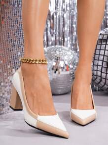Women's Fashion Pointed Toe High Heels, Elegant Contrast Color Block Design, Comfortable Thick Heel, Suitable For Autumn/Winter, Plus Size