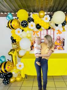 13pcs/Set 32 Inch Gold/Black 0-9 Number Balloons, Giant Bee Shaped Foil Balloon, Daisy/White Flower Balloons (Approx. 42cm Diameter), 12 Inch Yellow/Black Polka Dot Balloons, Creating A Dreamy Bee-Themed Party For Birthday Celebration, Spring Outdoor Party, Business Events, Etc.