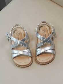 1 双条纹设计露趾柔软舒适海滩度假凉鞋，适合小女孩，简约时尚公主平底鞋