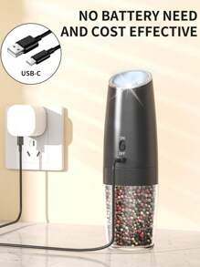 Juego recargable de molinillos de sal y pimienta eléctricos, juego eléctrico de molinillos de sal y pimienta por gravedad, set eléctrico de tarros de condimentación de sal y pimienta, ajustable a grueso, con luz LED (negro + blanco) para moler en la cocina, adecuado para uso doméstico - Multicolor - Ver 3