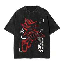 Hedgehog Shadow Woman Men Cotton Washed Hot Stamping Print T-Shirt,Harajuku Cotton Tshirt Men's Summer Short Sleeve Tees - 黑色 - 查看 1
