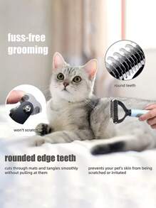 Peigne de toilettage pour animaux de compagnie à double face conçu pour le démêlage et le désenfilage. Doté d'une prise confortable et antidérapante pour une manipulation facile. Dents arrondies et douces pour éviter l'irritation de la peau, convenant aux chats et aux chiens. Parfait pour éliminer les poils lâches et favoriser une fourrure saine.