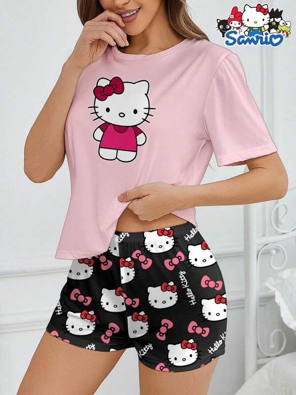 Sanrio 2 pezzi Pigiama da donna Hello Kitty di Sanrio, con stampa a fiocco e lettera, top a maniche corte e pantaloncini corti