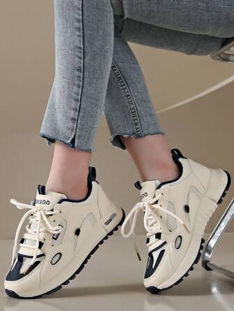 New Thick Sole Fashion Sneakers, Versatile Beige And Blue Mesh Chunky Sneakers, Suitable For All Seasons