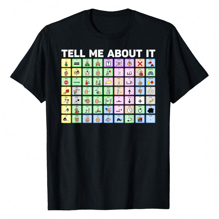 Tell Me About It Speech Language Pathology AAC Sped Teacher T-Shirt Women's Plus Size Graphic Tee - 黑色 - 查看 1