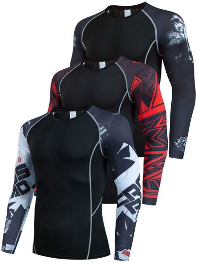 3pcs Fashion Print High Stretch Men's Quick Dry Compression Shirt - Breathable, Moisture Wicking For Outdoor Gym, Running & Fitness