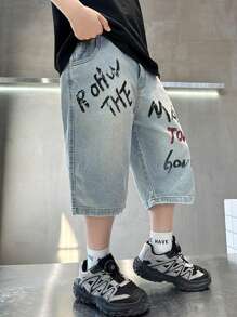 Tween Boy Casual Loose Letter Print Denim Shorts, Summer - Blue - View 5