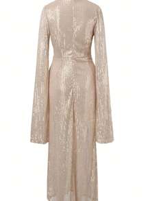 Long Sleeve Slit Design Dress, Elegant Rose Gold Suitable For Party Dinner, Women's Wear, For Cocktail