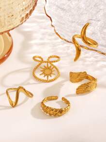 5 peças de anéis abertos de linha de asa banhados a ouro 18K de aço inoxidável, adequados para uso diário feminino